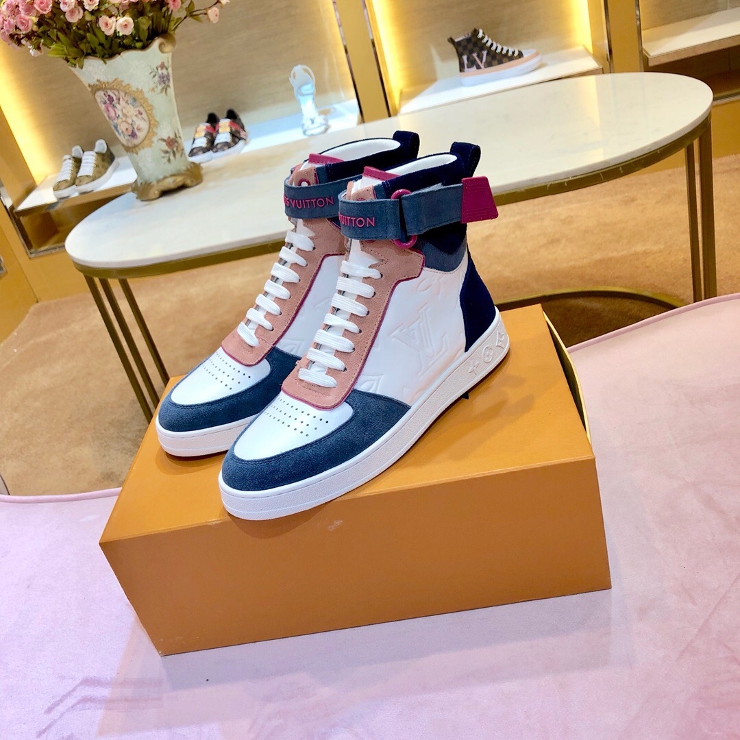 L.V Boombox Sneaker Boot Calfskin Leather Spring/Summer Collection  White/Blue/Pink in 2023